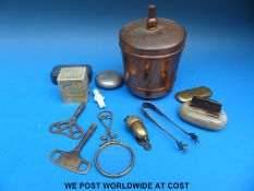 A metal 1953 Coronation tea caddy containing a quantity of objets de vertu including snuff boxes,
