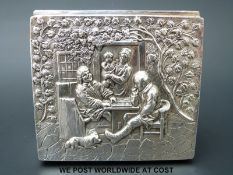 A hallmarked silver trinket or dressing table box with embossed gaming scene to lid,