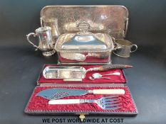 A collection of plated ware including a Leech Brothers of Manchester food warmer, tray,