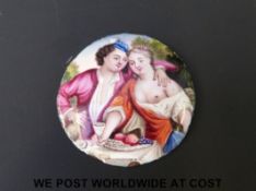 A late 18th / 19thC enamel portrait miniature of a couple picnicking,