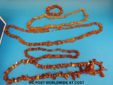 Four amber necklaces and a bracelet