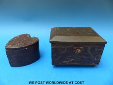 A 19thC treen box and heart shaped casket and one other