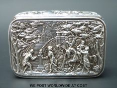 A Victorian hallmarked silver table top snuff or trinket box with gilt interior and scene of two