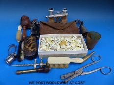 Mixed items including a black forest nutcracker box of small cowrie shells, lorgnette, trench art,