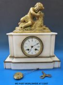 A 19thC figural alabaster ormolu mounted mantel clock, white enamel dial, Roman numerals,