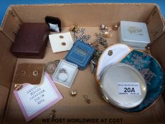 A hallmarked silver compact, hallmarked silver pendant, five pairs of 9ct gold earrings,