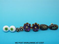 A pair of 9ct gold earrings set with seed pearls, pair of glass studs,