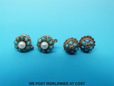 Two pairs of Victorian earrings, one pair set with diamonds and turquoise, the other pearl,