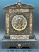 A French slate mantel clock with coloured marble inlay,