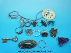 Ten silver rings set with marcasite, rose quartz etc, silver necklace,