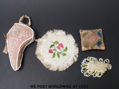 Four 19thC beadwork and embroidery pin cases and cushions including one example with gilt