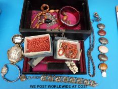 A vintage jewellery box, mourning brooch, agate bracelet, coral beads,