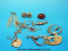 A pair of 9ct gold knot earrings, yellow metal earrings, 9ct gold chain and yellow metal pendant,