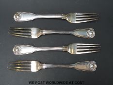 Four Victorian hallmarked silver fiddle, thread and shell pattern table forks (weight 358g,