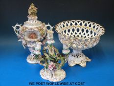 Three pieces of continental porcelain including a flower encrusted lidded pot pourri (32cm tall),
