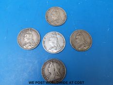 Five Victorian crowns including Jubilee and veiled head examples