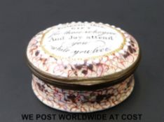 An 18thC jewelled Bilston enamel pill box ' Esteem This Gift for Those Who Give And Joy Attend You