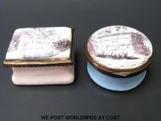 Two 18thC Bilston enamel pill boxes ' A Token of Esteem' and 'In Remembrance of Friendship'.