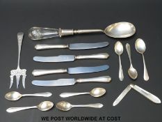 A quantity of hallmarked silver cutlery (weight 102g) hallmarked silver cut glass handled salad
