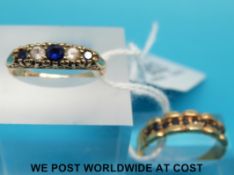 A 9ct gold ring set with sapphires in a row and another 9ct gold ring