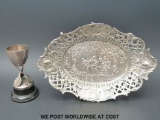 A white metal tray with dancing scene and pierced edge marked 800 and with possible German silver