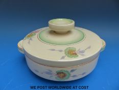 A Clarice Cliff Art Deco tureen decorated in the Delicia pattern with Newport Pottery stamp to base