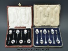Two cased sets of hallmarked silver coffee spoons (84g)