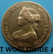 An Isobel II 1865 4 Escudo gold coin