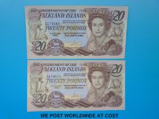 A pair of uncirculated Falkland Islands £20 bank notes, A179569 and A179570 1st October,