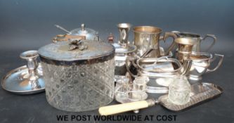 A quantity of silver plated ware including to hobnail cut, biscuit barrel, Mappin & Webb teaset,