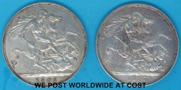 Two Victorian crowns, one a veiled head 1896 together with an 1887 Jubilee example,