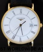 Longines Presence 18ct gold wristwatch with Roman numerals and date aperture on white face,