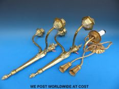 Two brass two branch wall lights and one other