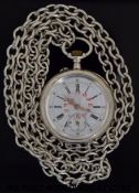A ladies continental silver transitionary cased fob watch with Niello back on a white metal chain