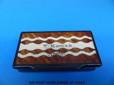 A Victorian horn, tortoiseshell and ivory snuff box marked T.