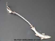 A Russian white metal sardine or similar fish server, the handle formed as a fish,