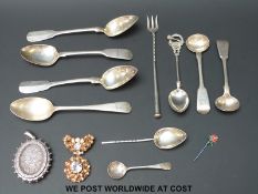 A quantity of hallmarked silver and white metal cutlery (125g) brooch,
