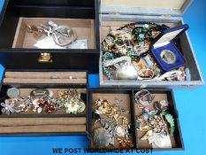 A large collection of costume jewellery, watches, Stratton compact, silver earrings,