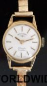 Rotary 9ct gold ladies wristwatch with gold hands and baton markers on silvered face,