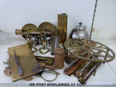 A collection of brass thermometers, a Bullers brass scale,
