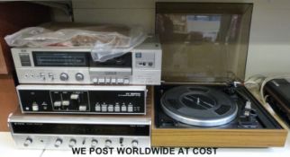 A Garrard SP25 turntable together with a 1255B example and a JVC cassette deck, a Trio tuner,