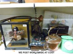 A quantity of items to include copper kettle, bed pan, copper horn, weighing scales, binoculars,