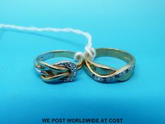 Two 9ct gold rings one set with diamonds in a knot design and the other set with alternating