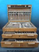 A Mappin & Webb 12 place setting silver plated oak cased canteen of cutlery