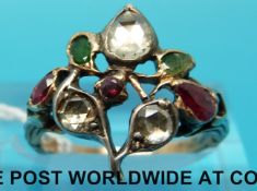 A yellow metal giardinetto ring set with diamonds,