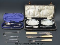A cased Victorian hallmarked silver spoon and fork set (579g) Herbert Wolf cased cut glass butter