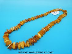 An amber necklace consisting of over 100 irregular shaped beads,