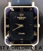 Raymond Weil Othello gentleman's wristwatch with gold hands and Roman numerals on black face in