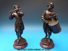 Emille Guillemis pair of French late 19thC bronze musicians on turned bases (23cm tall)