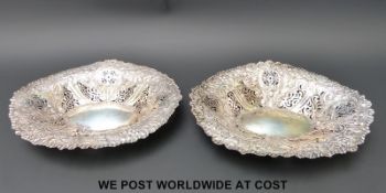 A pair of Victorian hallmarked silver pierced and embossed bon bon dishes, Sheffield 1896,